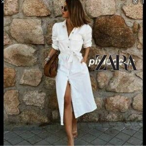 Zara off white ecru denim shirt dress